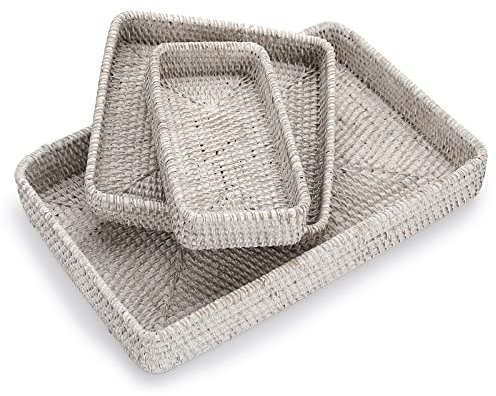 Hipiwe Set of 3 Rattan Serving Tray Rectangular Woven Basket Tray Natural Wicker Decorative Trays Breakfast Fruit Storage Platter Trays for Coffee Table Bathroom Kitchen Counter, Brush White