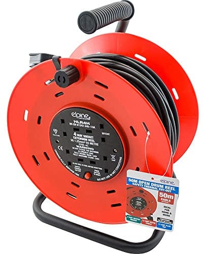 New 4 Way, 50 Metre Open Drum Extension Reel - Cord, Cable Electric Mains Power Socket Plug 10 Amp, 240 Volts | UK Plug 3 Pin Socket Outlet | Ideal for Emergency Use (4 Way, 50m Reel)