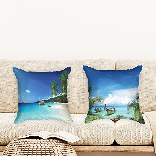 Ulticool - Kissenhülle - Strand Meer Palme Sommer - Set von 2 Motiven – 45 cm x 45 cm - Dekokissen ohne Füllung - Kissenbezug Zubehör für Sofa/Bett - Blau