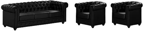 Vente-unique-Sofa 3-Sitzer und 2 Sessel - Kunstleder - Schwarz - Chesterfield