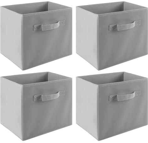 LONENESSL Foldable Storage Boxes with Handle, Set of 4 Fabric Collapsible Storage Cubes 27 x 27 x 28cm, Open Storage Bins Square Organiser Boxes - Grey