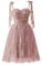 Basgute Robe de bal de fin d'année en tulle avec broderie florale - Robe longue à bretelles spaghetti froncée - Robe de soirée formelle, Longueur genou - Rose poudré, 46