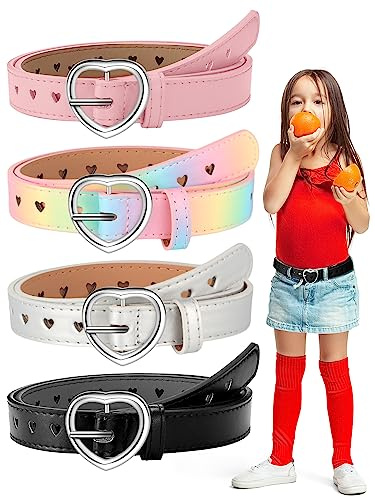 Newcotte 4 Pcs Girls Belt Size 6-12 Kids PU Leather Waist Belt Hollow Heart Design Metal Buckle for Girl Dress Pants Jeans (Black, Pink, Rainbow, Silver,Suit for Waist Size 22-26)
