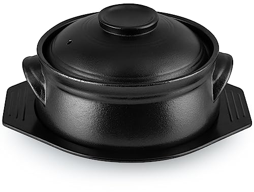 Sanbege Large Korean Ceramic Bowl with Lid and Trivet, 54 oz Sizzling Hot Pot with Double Handles for Cooking and Serving Dolsot Bibimbap, Soup, Rice, Stew, Casserole, Noodle (Frosted Black)