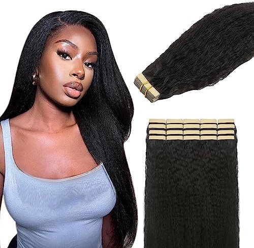 Lashey Tape in Extensions Echthaar 35cm(14zoll) 20pcs 50g Kinky Glatt Echthaar Tape Extensions Natürlich Schwarz Haarverlängerungen Echthaar Invisible and Skin Weft Tape ins