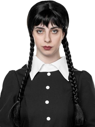 Goth Girl Perücke - Schwarze Langhaarperücke mit Zöpfen für Erwachsene - Kostüm-Accessoire für Halloween, Karneval & Motto-Party