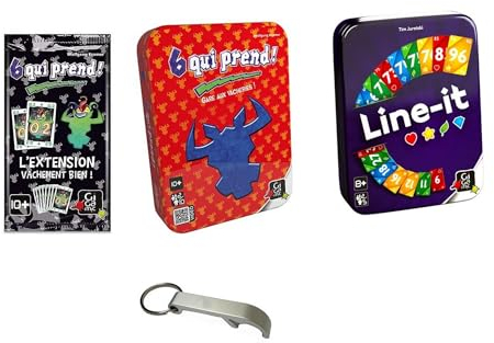 Lote de 2 juegos versión francesa Line It + 6 que toma + extensión + 1 abrebotellas Blumie (6 que toma + Line It)