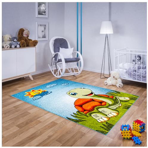 Teppich für Kinderzimmer in Blau, Grün Kinderteppich 120 cm x 170 cm mit Schildkröte Tiere Motiv, Babyteppich für Mädchen und Jungen