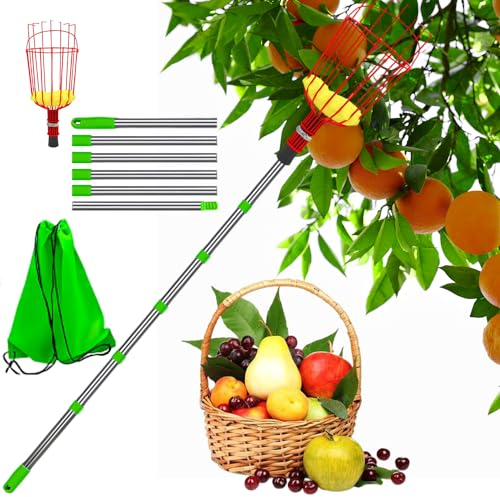 Recogedor de frutas con mango telescópico, recogedor de manzanas con mango telescópico, 2,4 m, recogedor de manzanas y frutas, diámetro del recogedor de cerezas, con poste telescópico ligero de acero