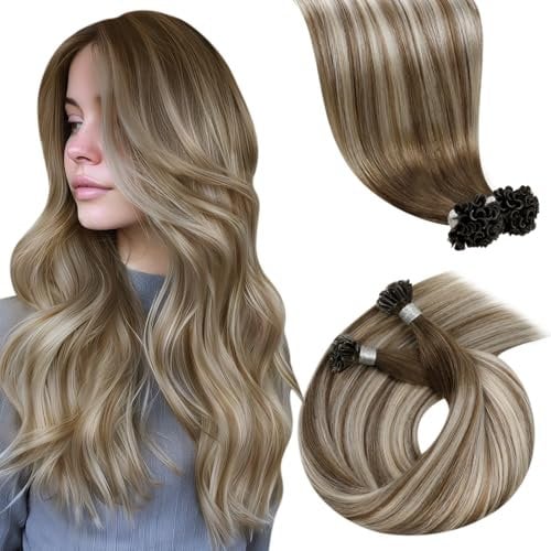 LaaVoo Real Human Hair Extensions U Tip Blonde, Remy Straight Balayage Light Brown to White Blonde Real Hair Extensions, Hot Fusion for Invisible & Stable 50s 50g 22 Inch #8/60/8