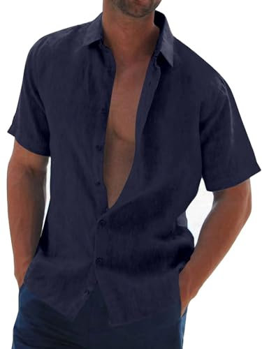 Halfword Mens Linen Shirts Short-Sleeve Summer Casual Beach Shirts Button Down Loose fit Hawaiian Holiday Wedding Cheesecloth Tops Navy L
