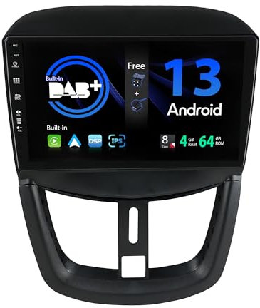 SXAUTO - Built-in DAB - Android 13 IPS Autoradio für Peugeot 207 (2006-2015) - Eingebaut Carplay/Android Auto - LED Kamera + MIC - 4G+64G - 360-CAM Lenkradsteuerung Fast-Boot WiFi - 2 Din 9 Zoll