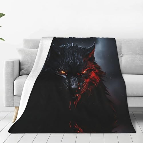 BTCOWZRV Großer schwarzer Wolf mit roten Augen, ultraweiche Micro-Fleece-Decke, weich, bequem, warm, gemütlich, Plüschdecke, leicht, flauschige Decken für Couch, Bett, Wohnzimmer, Camping, 101,6 x