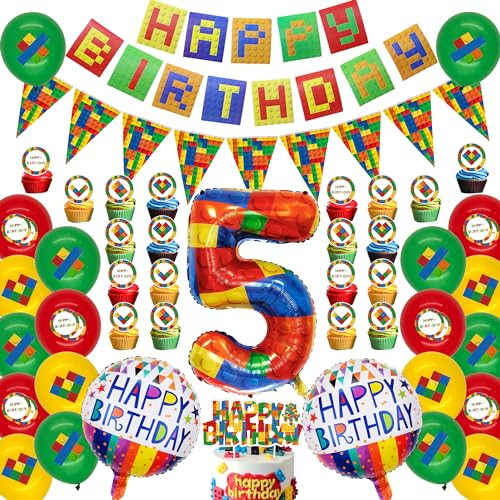 Bausteine Thema Geburtstag Party Deko - 5. Baustein Feier Set, Happy Birthday Banner, Zahl 5 Folienballon, Dreieck Flagge, Kuchen Topper für Kinder Jungen Mädchen
