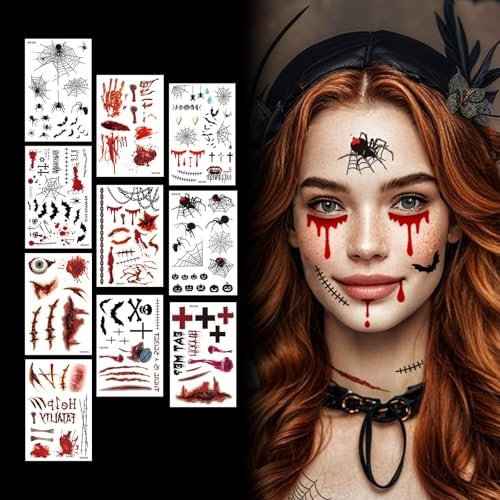 Halloween tattoos vampir Narben Makeup für Erwachsener, 10 Blatt Karneval Kostüm halloween gesicht tattoo aufkleber, Zombie Vampir Hexen Horror Narben Wunden Gruselig Gesichtstattoo, Tattoo Zubehör
