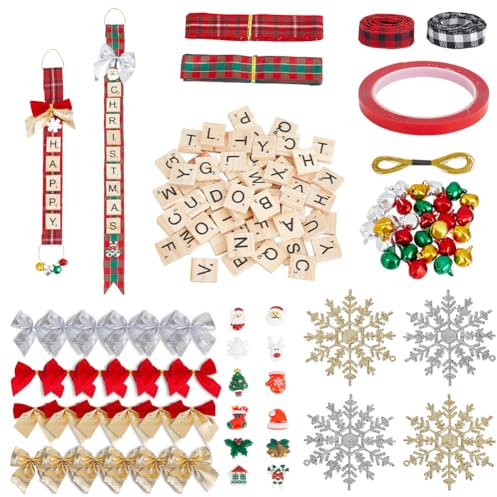 INFUNLY 335PCS DIY Christmas Ornaments Craft Kit Handmade Christmas Tree Hanging Ornaments Set Includes Wooden Letter Xmas Bell Snowflake Pendant for Crafting Christmas Activities Party Favors Decor