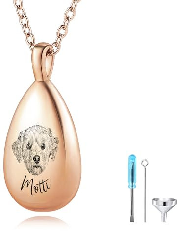 MMXX Personalisierte Urnenhalskette mit Haustierporträt in Tropfenform für Asche mit Namen/Foto, Einäscherungsschmuck aus Edelstahl für Tierliebhaber, Gedenkgeschenke für Haustiere (Roségold - Foto)