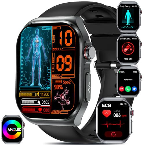 Smartwatch Uomo donna ECG/HRV/Lipidi/Acido Urico/BMI/Sonno,2.04AMOLED πliπππ¦π’π Orologio Fitness Chiamate,24h Pressione/Cardiofrequenzimetro/Pulsante SOS/Temperatura Corporea Android iOS(Nero)