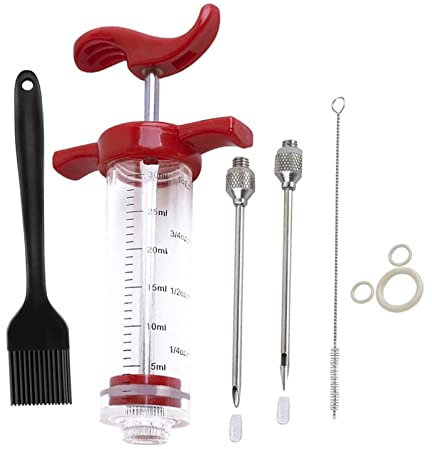 esmusssein Meat Injector Syringe,Stainless Steel Food Seasoning Syringe Kit with 2pcs Needles,1pc Barbecue Brush, and 1pc Needles Cleaner, Ideal for BBQ, Grilling, Baking and Cooking