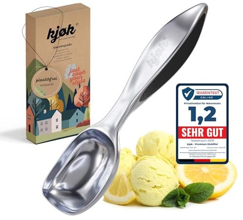 kjøk Premium Cuillère à glace en alliage de zinc finition chrome mat – Portionneur de crème glacée – Pelle à glace pour ice cream, la pâte, les melons, le riz ou les boulettes de viande