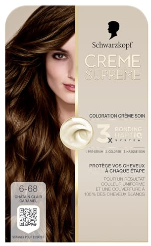 Creme Supreme Schwarzkopf Coloration Soin Permanente 6.68 Châtain Caramel | coloration cheveux, couleur 6-68 châtain clair caramel, couvre cheveux blancs, 3x bonding, pré-sérum et masque soin, éclat
