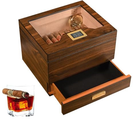 HGTRH Cigar Humidors with Drawer, Spanish Cedar Wood Humidor Cigar Box with Glass Top Humidor Humidifier Hygrometer Cuba Cigar Accessories