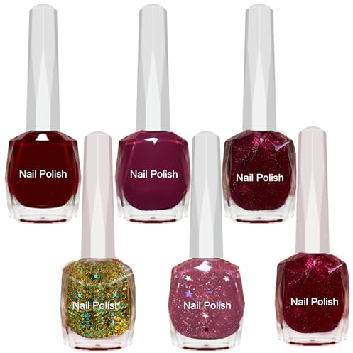 6Pcs Christmas Nail Polish Set | Red & Shimmer Nail Varnish Gift Set | Wine Red, Cherry, Pink Star Glitter, Yellow Glitter | Xmas Nail Gift Set for Women Girls, Long Lasting & Weak Smell 6x12ml