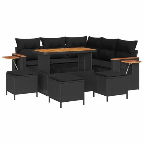 vidaXL 9-teiliges Garten-Sofa-Set mit Kissen in Schwarz aus Poly Rattan und Akazie – Bequeme Sitzgelegenheit für 5 Personen, modernes Lounge-Set für die Terrasse.