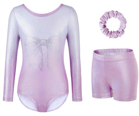 Gymnastics Leotards for Girls - Sparkling Gradient Design, Girls' Three-Piece Sleeve Gymnastics Leotard Set with Shorts for Ballet & Dance