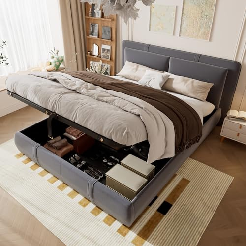 Miyemo Double Bed Frame with Storage, 4ft6 Upholstered Ottoman Bed Frame with Headboard & Hydraulic, Removable Soft Headboard Backrest, Velvet + Plywood, 135 * 190cm, Grey, (No Mattress)