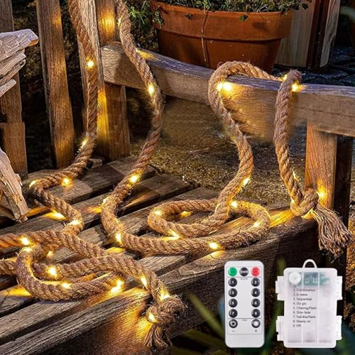 LED Hanfseil Lichterkette,3M 50LED Batteriebetrieben,8 Modi Seil Lichterkette Innenbereich von mit Fernbedienung, Hanfseil Lichterkette Seil Licht für Weihnachten, Party, Hochzeit, Garten Deko