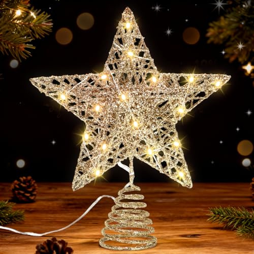 Christbaumspitze Stern, 25cm Gold Weihnachtsbaumspitze Stern, Tannenbaum Spitze, LED-Lichter Spitze Weihnachtsbaum, Beleuchteter Weihnachtsbaum Topper für Tannenbaum & Weihnachtsbaum Heimdekoration
