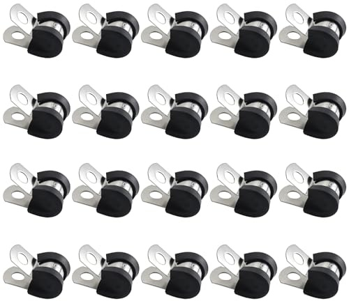 20 PCS Stainless Steel Rubber Cushioned R Shape Clamps (8mm) | Rubber Lined Conduit Clip Hose Clips,Cable Cleats Pipe Clips P Clip,Mounting Hose Pipe Clamp,Cable Clamps for Cord,Wire,Tube