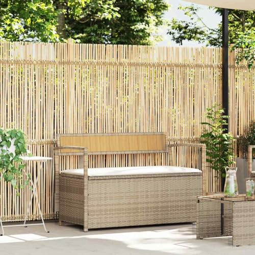 Frdhee Außenbank Sitzbank, Gartenbank mit Stauraum und Kissen Beige Poly Rattan, Wetterfest, Pflegeleicht