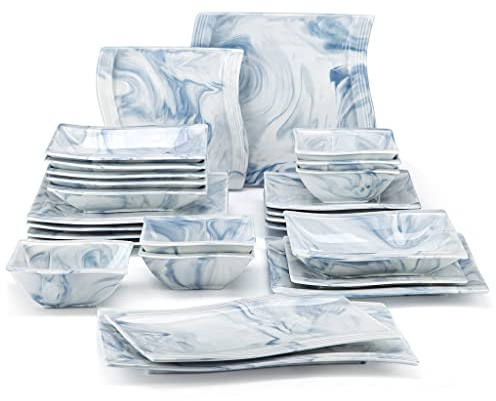 26-Piece Nordic European Marble Porcelain Tableware Set with Bowl,Dinner Plate,Dessert/Soup Plate Set for 6(D)