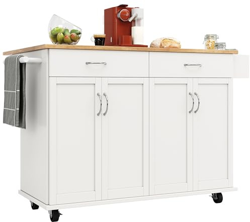 Zenithz Moderna isla de cocina blanca con función plegable (106 cm), armario de cocina estrecho como mesa de comedor (plegable de 0 a 90°), carrito de servir con 2 cajones, ahorra espacio [2 paquetes]