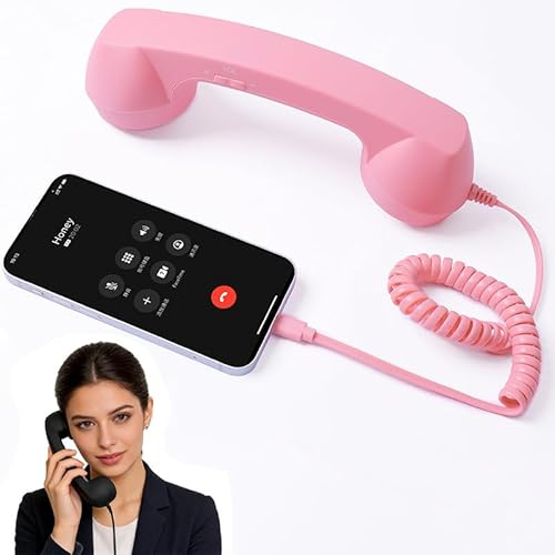 Retro Phone Handset, 2026 New Cell Phone Receiver for iPhone & Android, Wired Plug in Handheld Cell Phone Receiver with Microphone & Speaker, Suitable for Cell Mobile Video Conferences,Calls,Mee pink