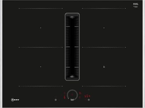 V57THQ4L0 N70 70cm Venting Induction Hob with Integrated Extractor, Twist Touch Control, Combi Zones, Stainless Steel Trim, Black Glass, Built-In Downdraft Hob