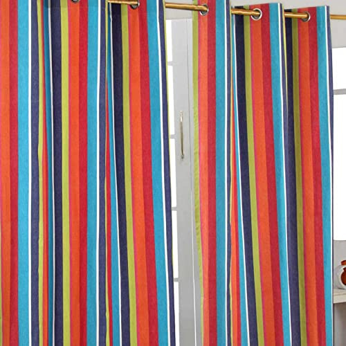 HOMESCAPES Multi Stripes - Orange Blue Yellow - Eyelet Curtain Pair 137cm (54) Wide x 182cm (72) Drop 100% Cotton Ring Top Striped Curtains