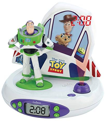 Lexibook Toy Story Disney Buzz & Woody Radio Projection Alarm Clock, Night Light, Projects Time on the Wall, Sound Effects, Runs on Batteries, White/Green, RP505TS, S