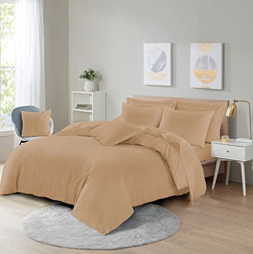 HOMES-LINEN Easy Care Poly-cotton Plain Dyed Duvet Cover Set (Latte, Double)