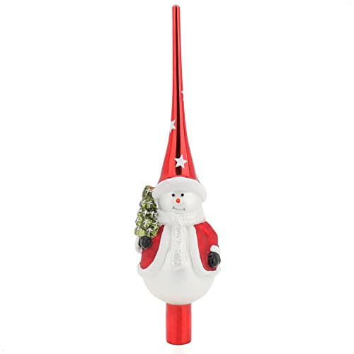 com-four® Weihnachtsbaumspitze glänzend - Christbaumspitze aus echtem Glas für Weihnachten - Tannenbaumspitze mit Schneemann (28cm - Schneemann Merry Red)