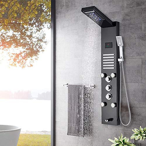 Panneau de douche à LED noir effet cascade - Pour massage spa - Écran numérique LCD - Colonne de douche noire