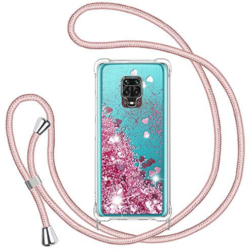 TUUT Handykette für Xiaomi Redmi Note 9S/Note 9 Pro/Note 9 Pro Max Hülle mit Band, Glitzer Treibsand Handyhülle mit Kordel zum Umhängen Transparent Stoßfest Schutzhülle mit Kette Schnur, Case in Rosa