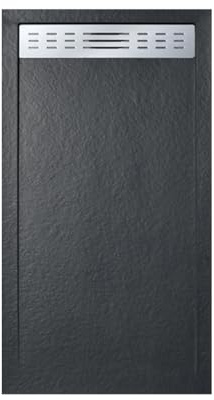 FRASCIO Duschwanne 70 x 160 cm mit seitlichem Gitter Line Extra Slim Schwarz aus Kunstharz und Marmorpulver mit Ablaufgarnitur
