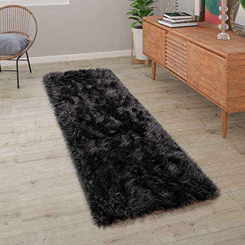 Paco Home Kunstfell Fellteppich Imitat Teppich Hochflor Sitzkissen Herzform Rund Fell Form, Grösse:80x150 cm, Farbe:Schwarz