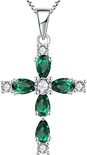 YL Kreuz Kette 925 Sterling Silber Mai Geburtsstein Grün Zirkonia Kruzifix Anhänger Geschenke für Damen Mama, 45-48 CM