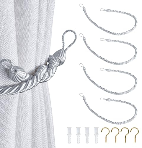 Dalababa 2 Paar Vorhang Raffhalter mit Haken Gardinen Holdbacks Vorhanghalter Seil Clips Polyester Tiebacks für Haus Office Kinderzimmer Fenster Zubehör,Grau