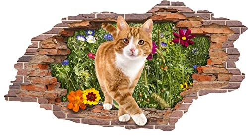 3D Wandtattoo Mauerloch 1 x 0,53 m Wandsticker Wandaufkleber Mauerdurchbruch realistisch selbstklebend Kinderzimmer Schlafzimmer Wohnzimmer Bad W009 (04 Katze)