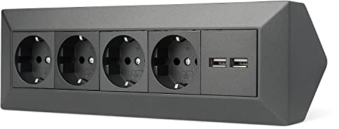 Möbel-Steckdose 4-fach 2x USB für Küche und Büro - Ecksteckdose in anthrazit aus hochwertigem Kunststoff ideal für Arbeitsplatte, Tischsteckdose oder Unterbausteckdose mit 4-Steckdosenelement